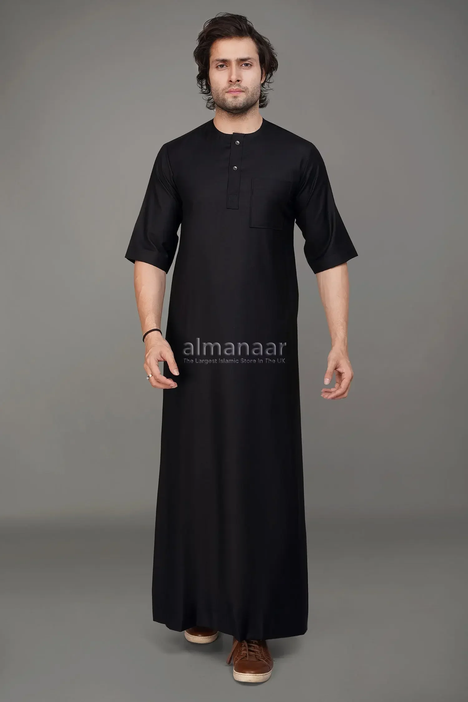 Black Short Sleeve Thobe With Buttons - Image 3