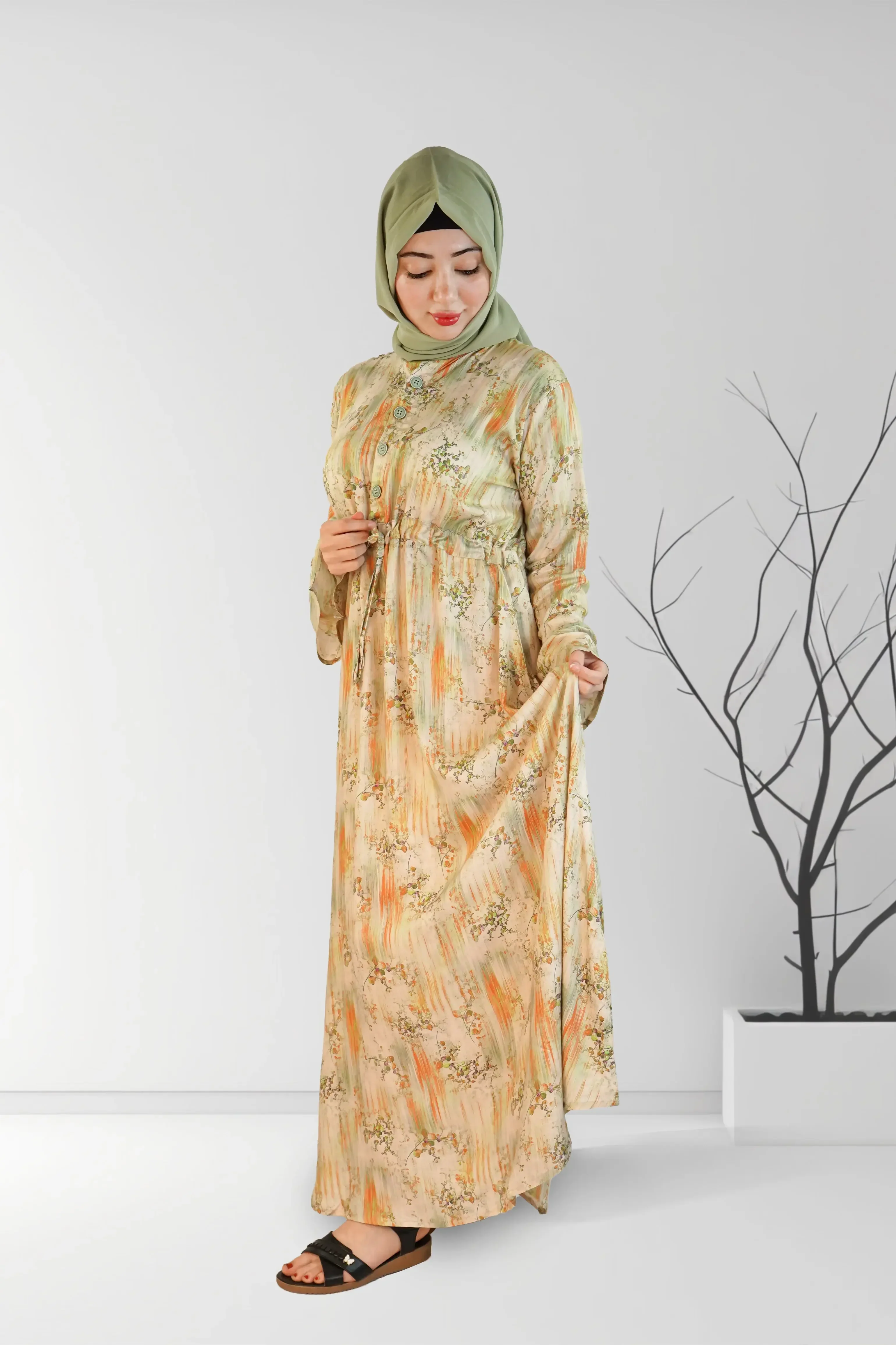 Floral Printed Long Dress with belt - Image 3