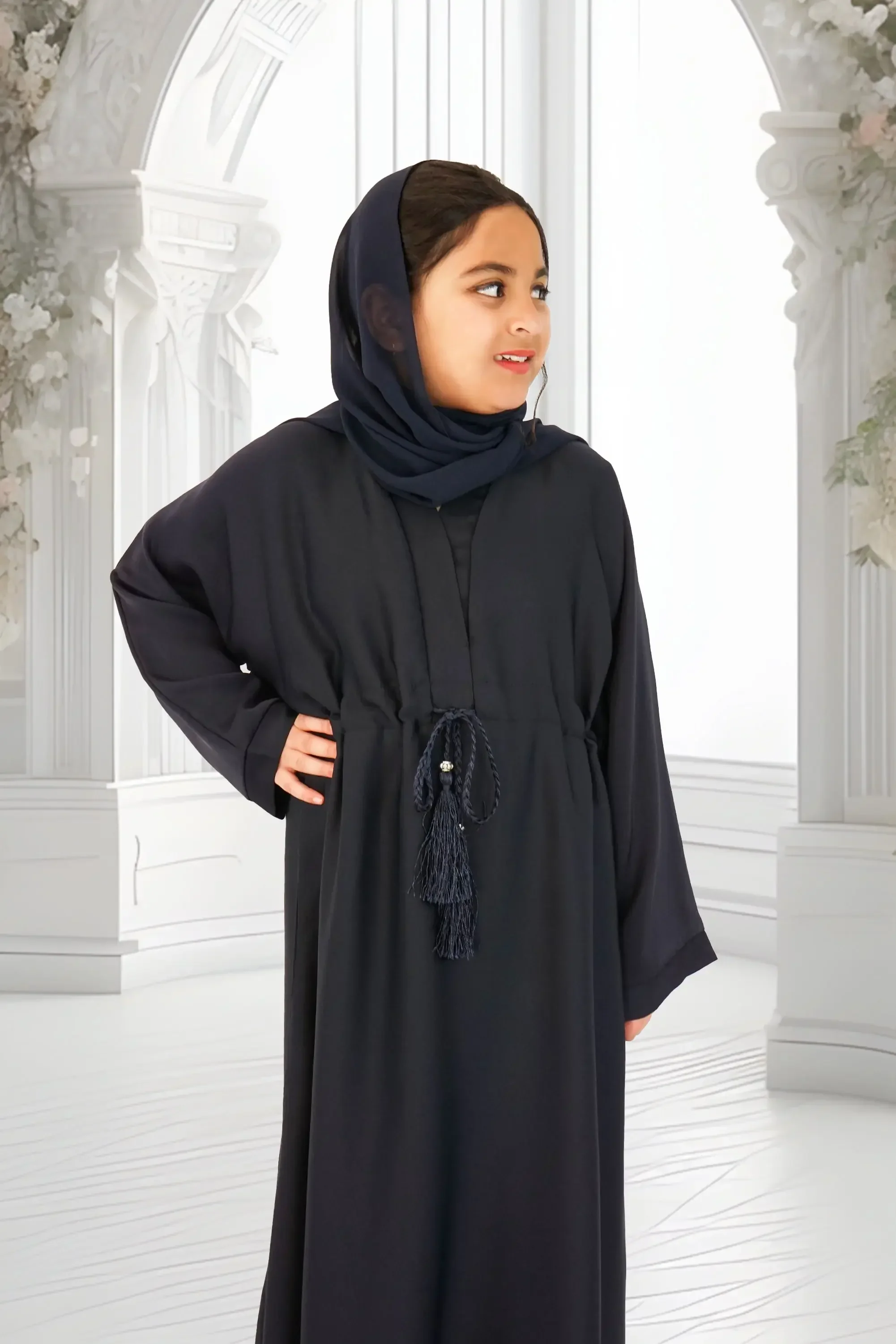 Girls Umbrella Belt Abaya Navy - Image 3