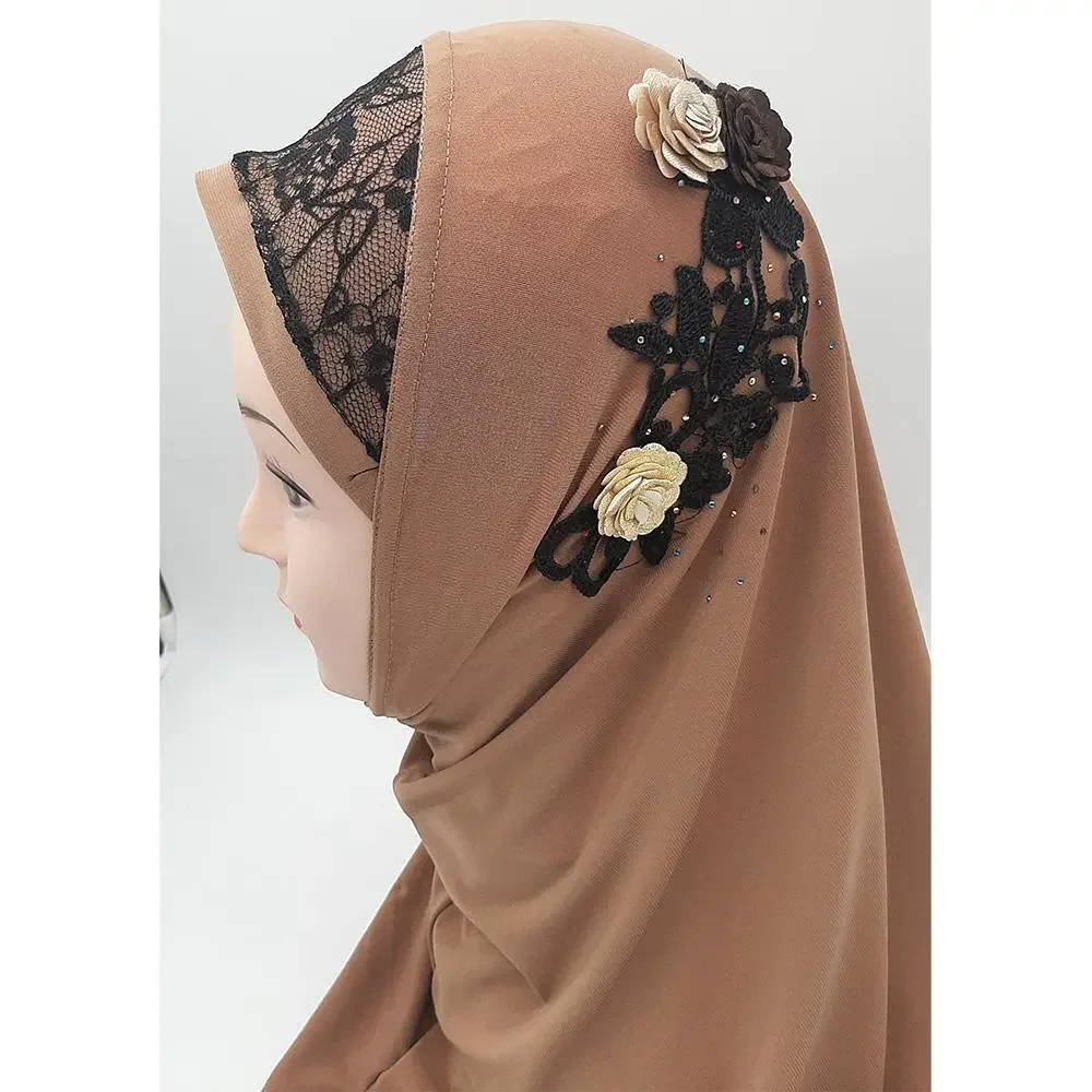 Light Brown Fancy Three Flowers Design Pull on Hijab - Image 2
