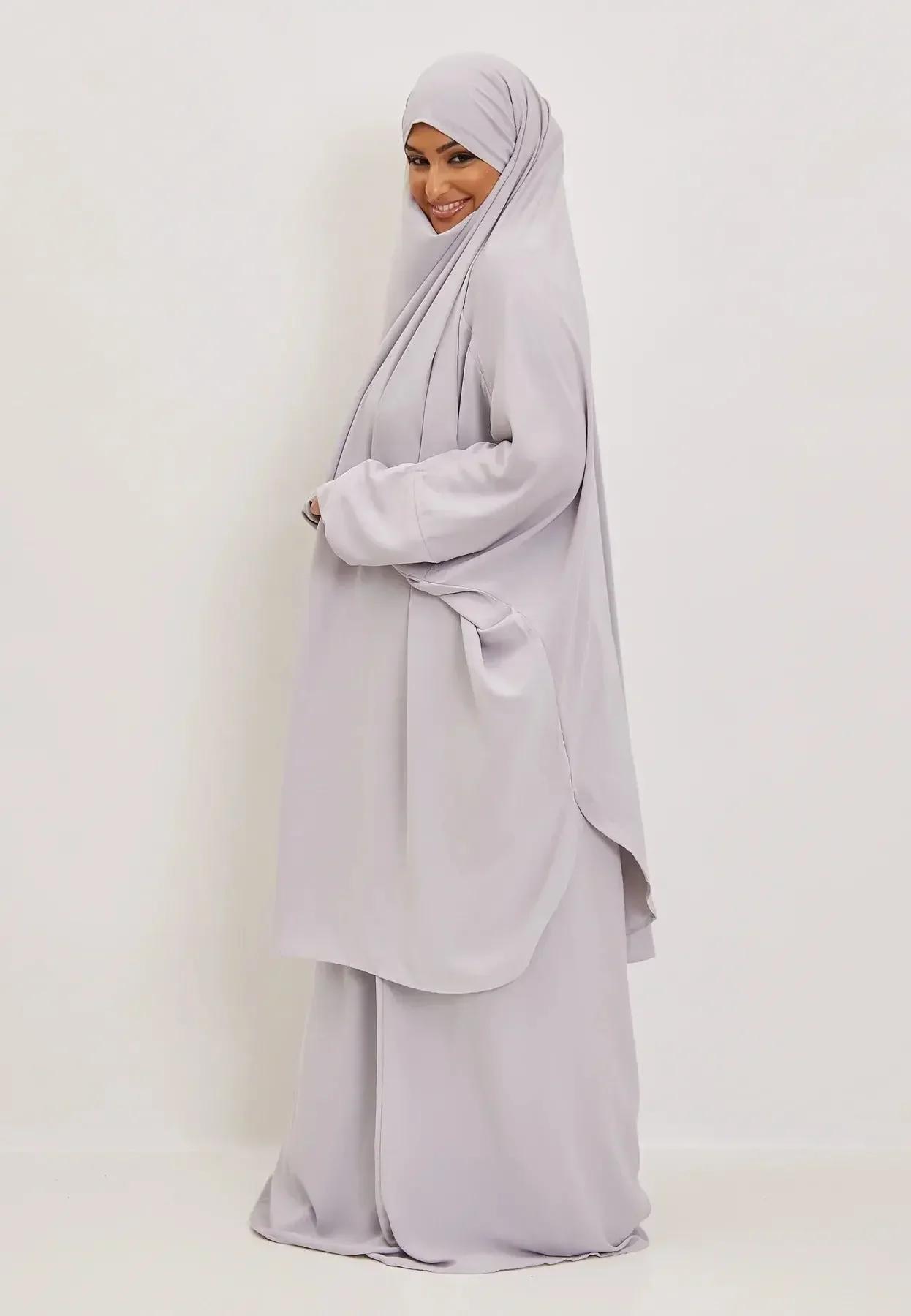 Jilbab Set Light Grey Premium Two Piece Medina Silk - Image 3
