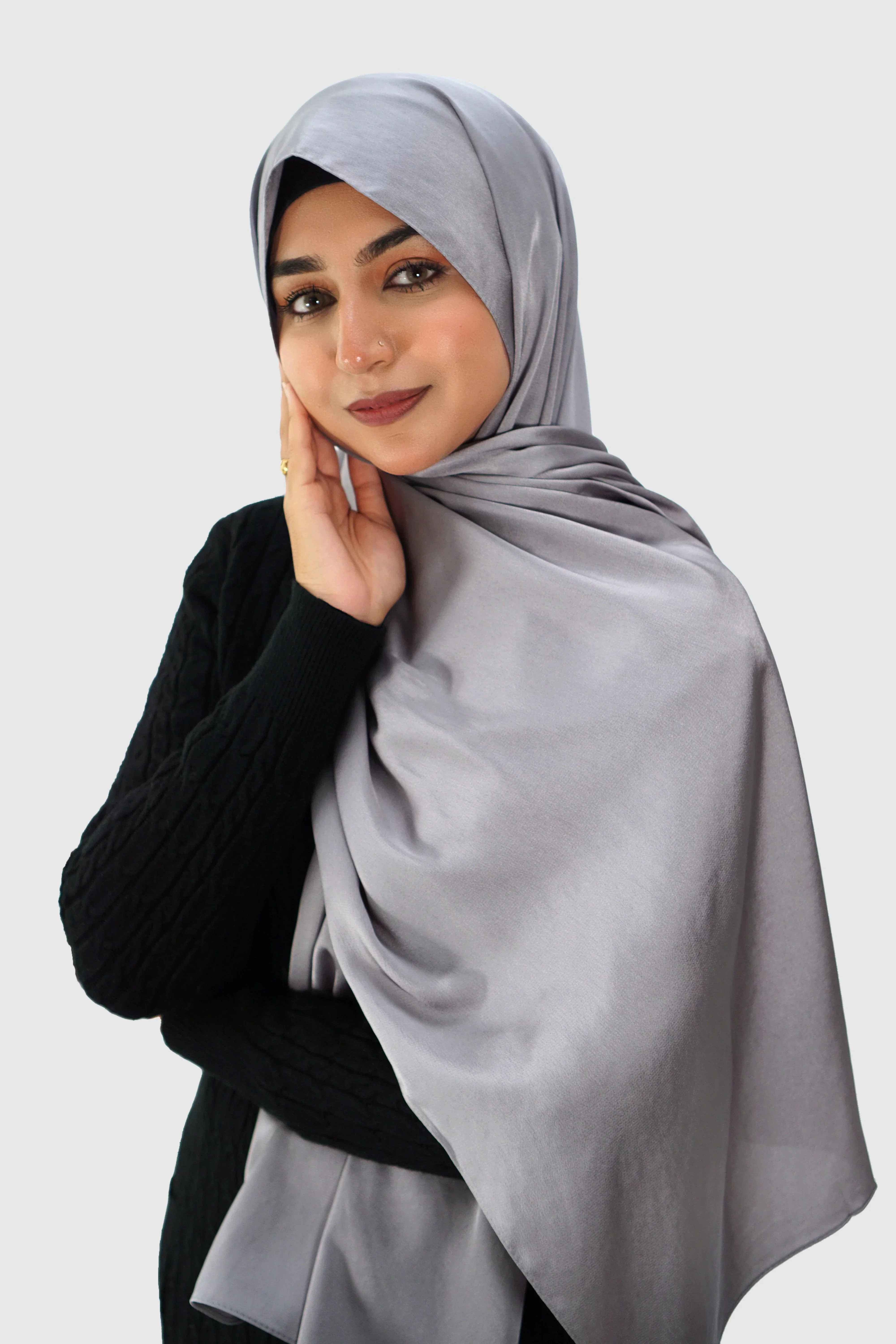 Luxury Satin Hijab – Light Grey - Image 3