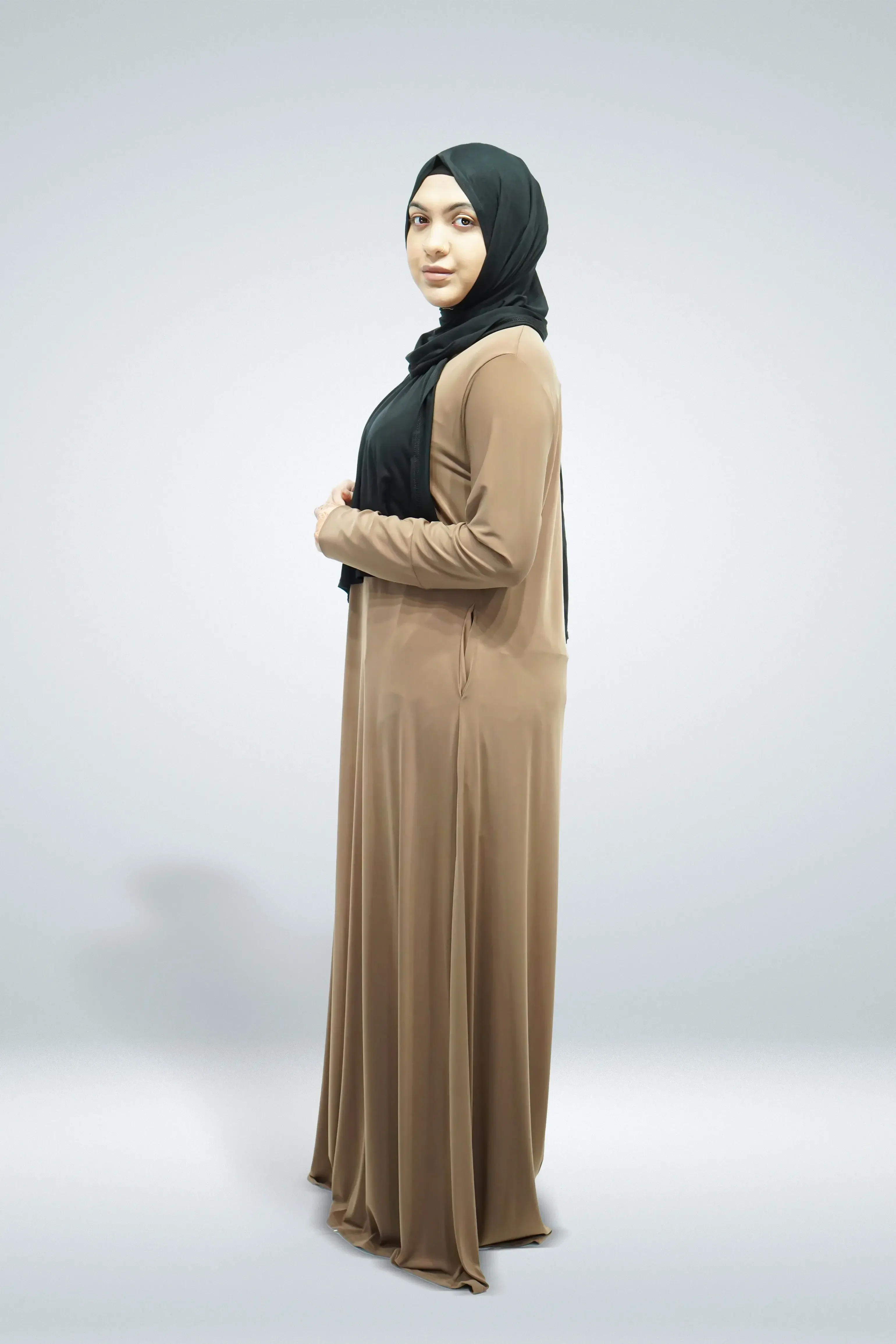 Mocha Plain Jersey Abaya With Pocket - Image 3