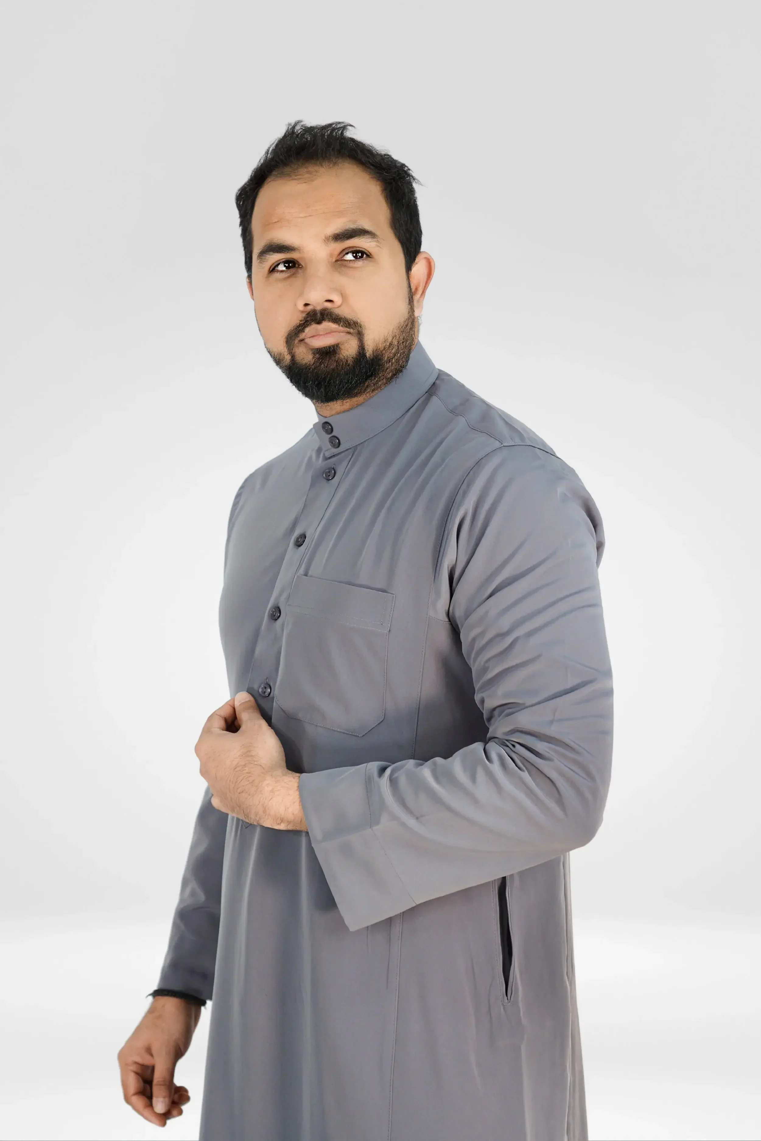 Plain Classic Saudi Thobe With Collar Grey - Image 3