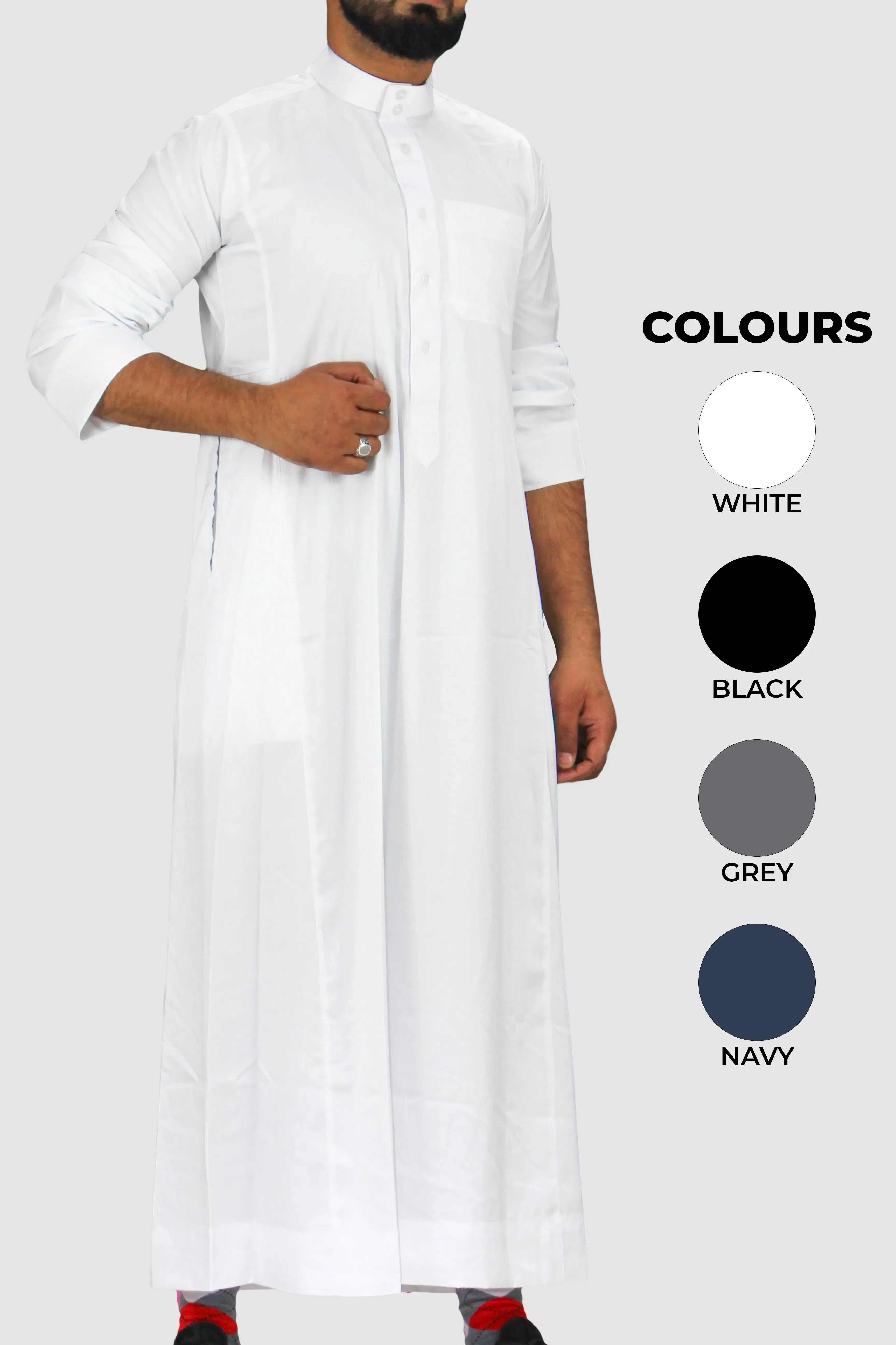 Plain Classic Saudi Thobe With Collar White - Image 4