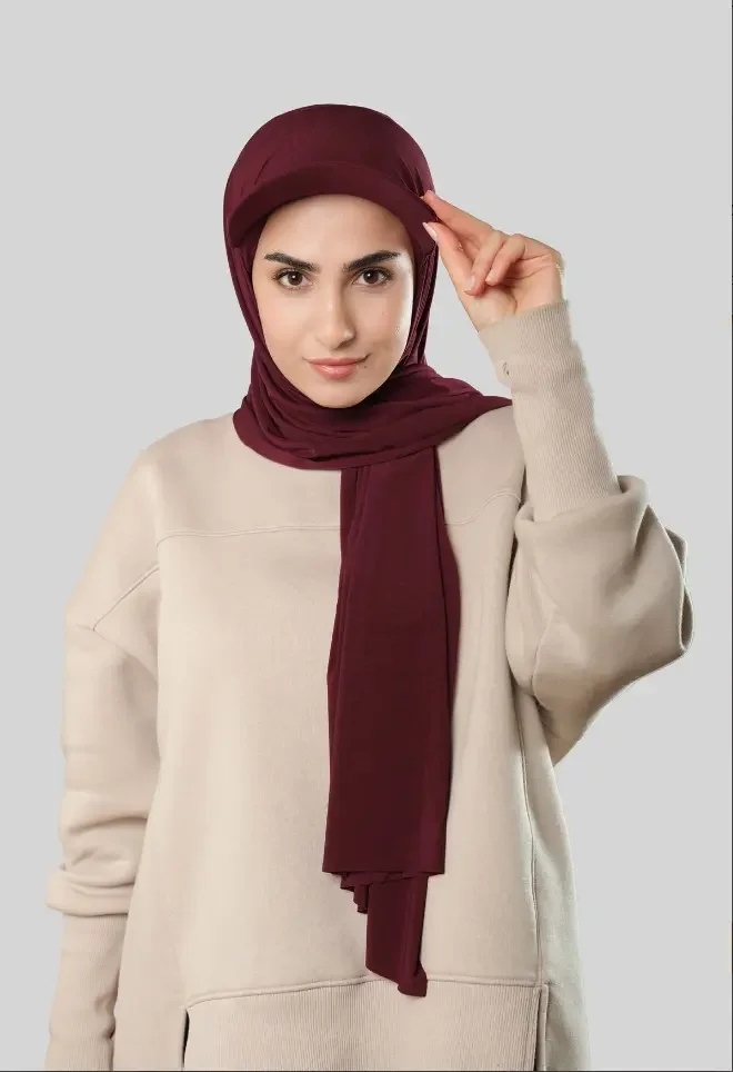 Ready-to-Wear Hijab with Cap Maroon in Premium Sandy Fabric - Image 2