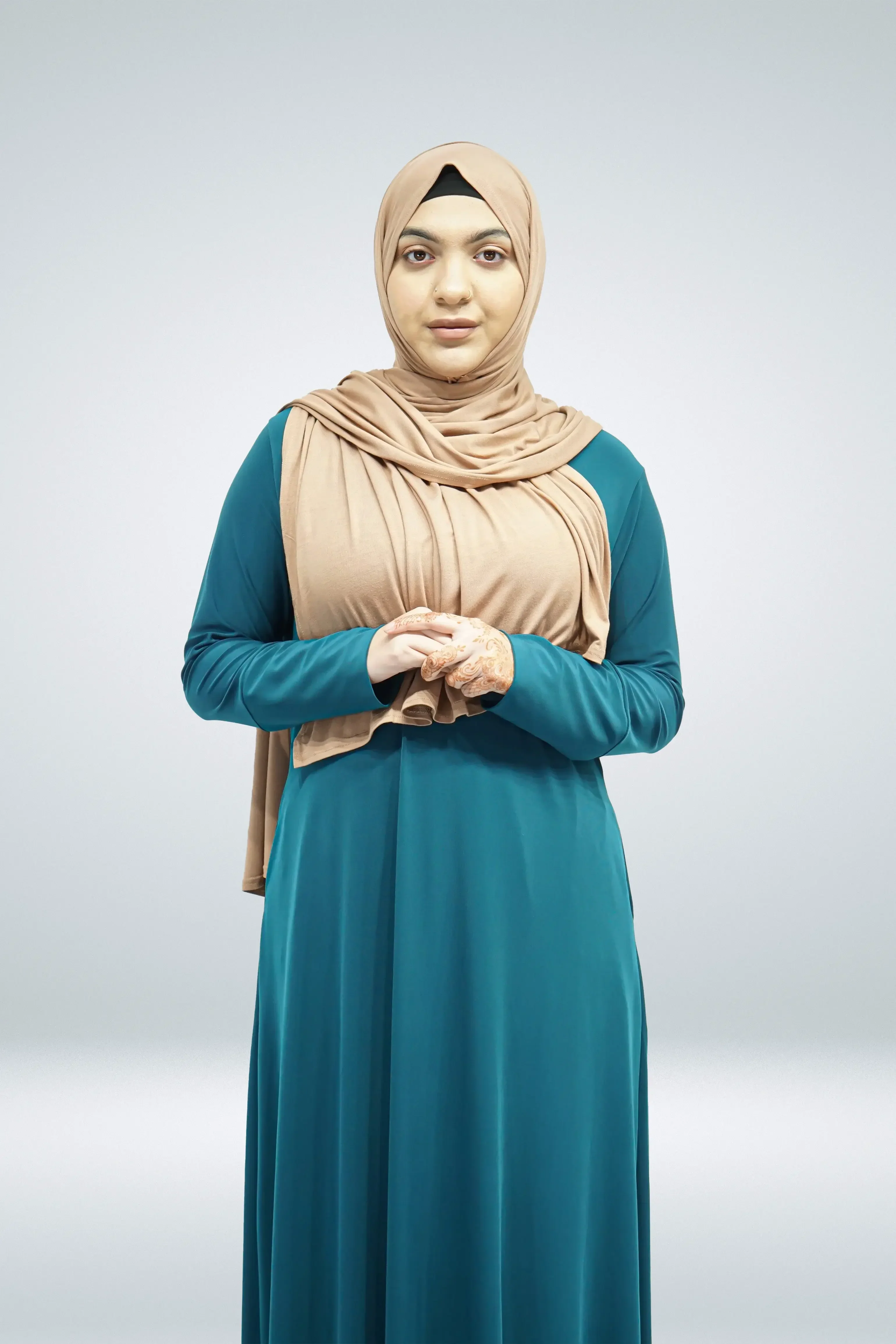 Teal Plain Jersey Abaya With Pocket - Image 2