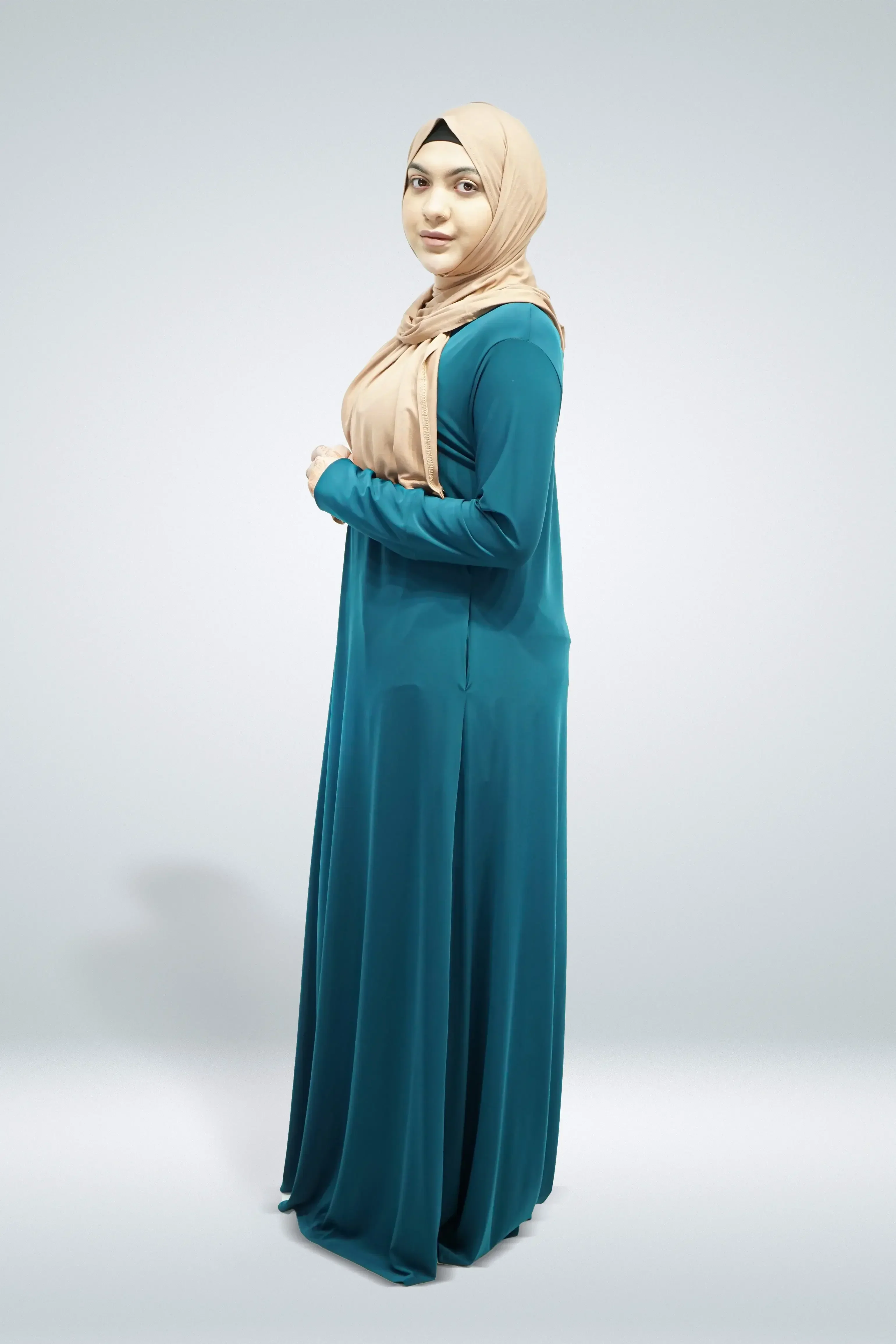 Teal Plain Jersey Abaya With Pocket - Image 3